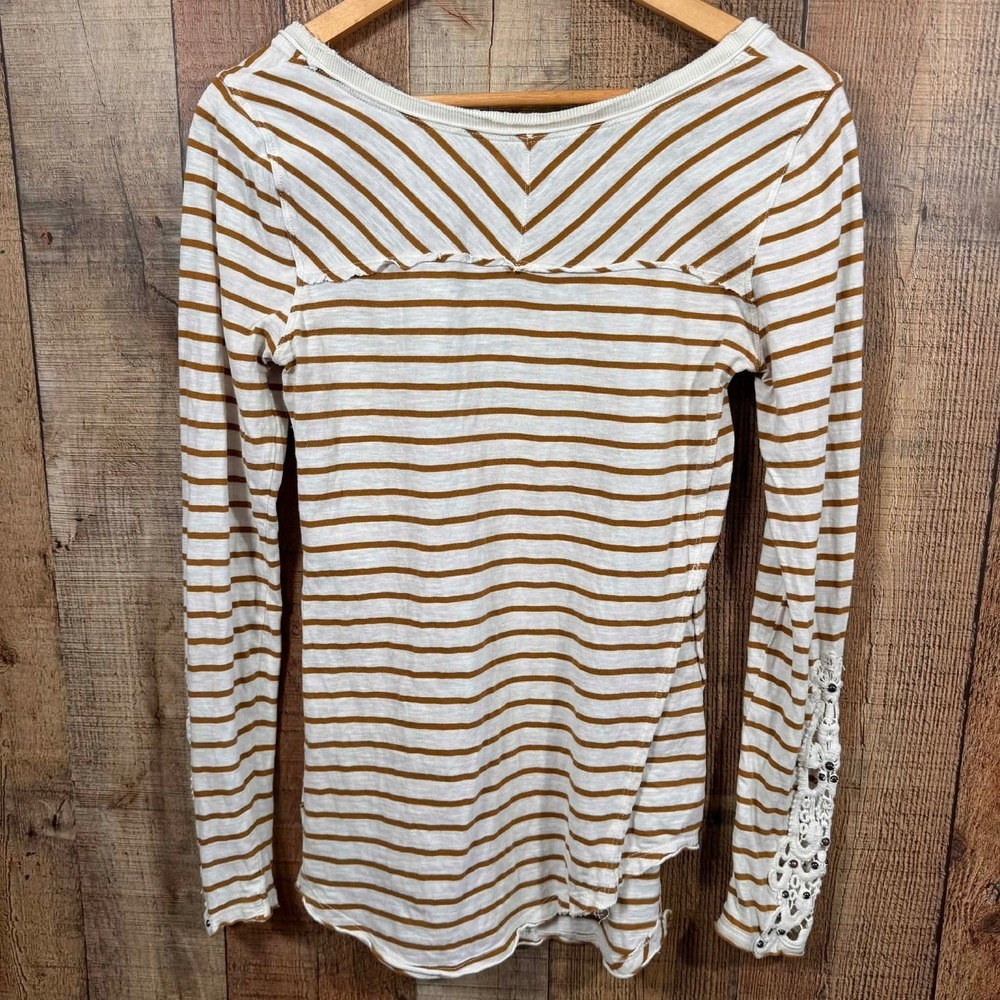 Free People Striped Long Sleeve Top Medium Beaded Lace Cuff Boho Layered Tee - Picture 5 of 5